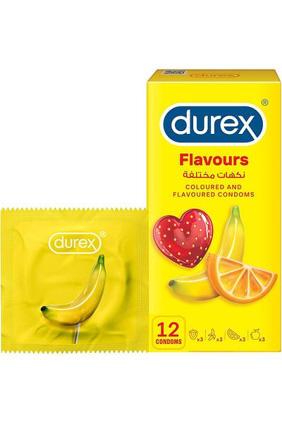 Durex واقيات ذكرية ملونة بنكهة دوريكس للرجال (فراولة، موز، برتقال، تفاح) - 12 قطعة