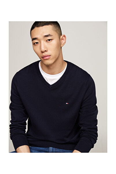 Tommy Hilfiger Erkek V Yaka Bayrak Nakışlı Kazak - Lacivert