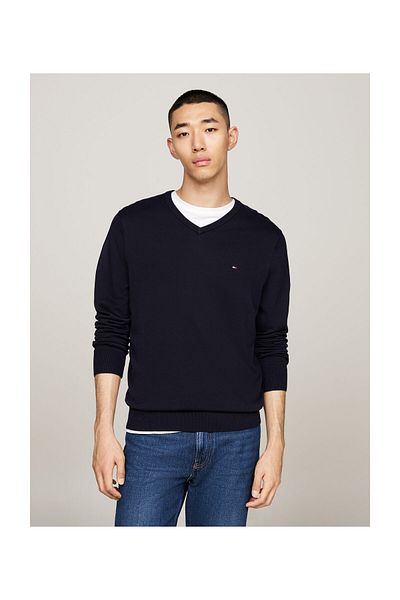 Tommy Hilfiger Herren-Pullover mit V-Ausschnitt und Flaggen-Stickerei – Marineblau