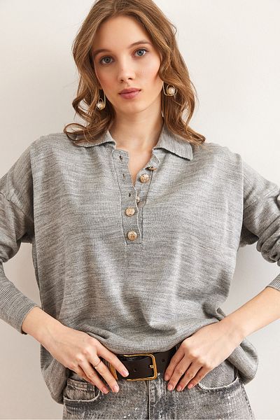Olalook Women's Gray Gold Buttoned Polo Neck Thin Knitwear Sweater Kzk- 19000964