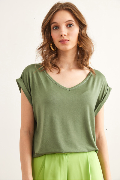 Olalook V-Neck Green Viscose Blouse with Silver Stitching Blz- 19002659