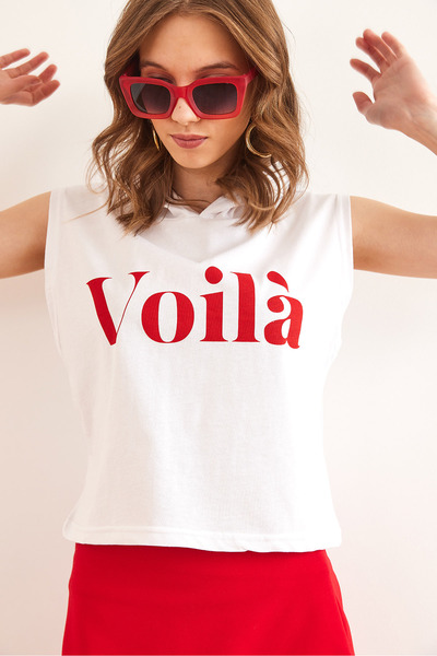 Olalook Tricou alb din bumbac cu glugă pentru femei TSH- 19000843