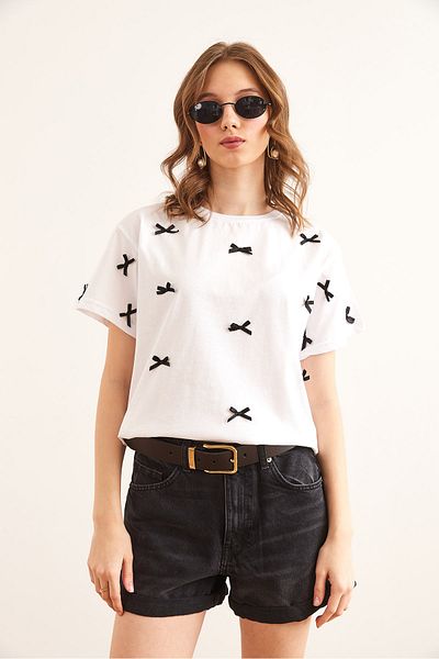 Olalook Tricou de damă din bumbac, cu detaliu cu fundă albă, cu croiala normală TSH- 19000844