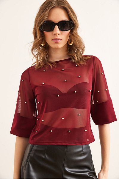 Olalook Damen Burgund Perlen detaillierte transparente Bluse BLZ- 19002861