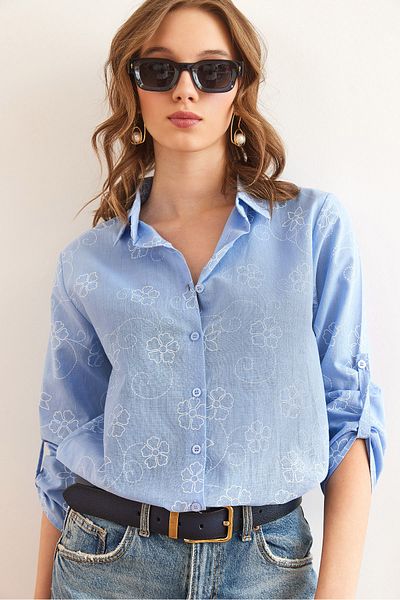 Olalook Damen Ivy Baby Blue Sleeve Fold Leinenhemd GML- 19000825