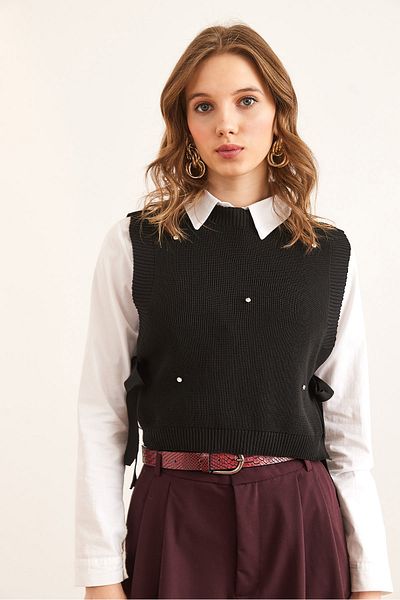 Olalook Women's Black Stone Detailed Side Tie Knitwear Sweater Svt- 00000047