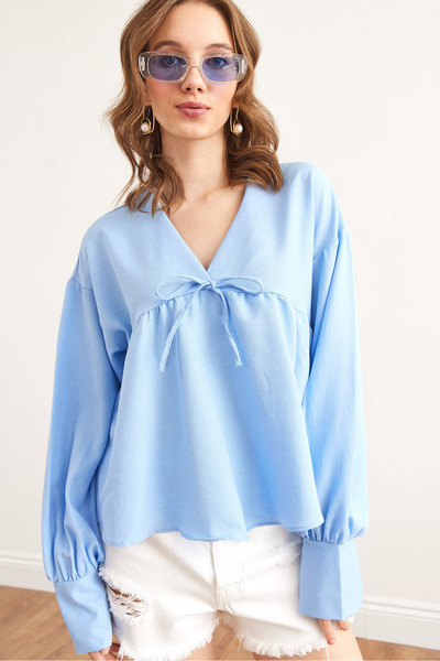 Olalook Women's Baby Blue V-Neck Lace Detailed Blouse Blz- 19002860