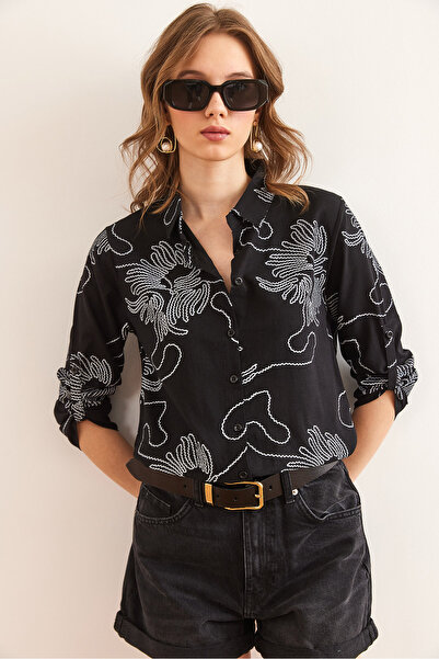 Olalook Women's Chain Black Sleeve Fold Linen Shirt Gml- 19000825