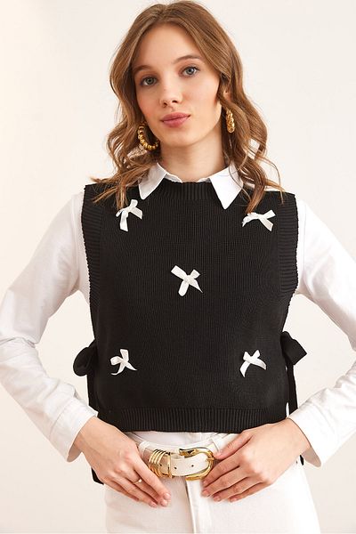 Olalook Women's Black Bow Detailed Side Tie Knitwear Sweater Svt- 00000046