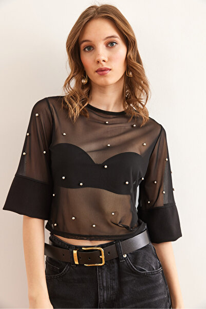 Olalook Γυναικεία μαύρη διάφανη μπλούζα με χάντρες BLZ- 19002861