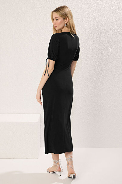 Trendyol Collection Black V-Neck Button Detailed Gathered Skater/Stretchy Midi Knitted Dress with Opening Waist