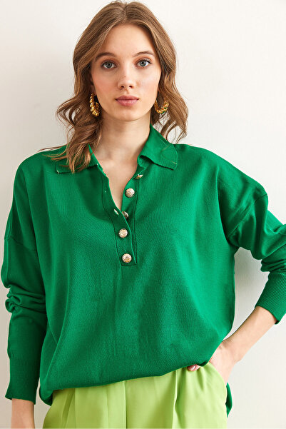 Olalook Women's Green Gold Buttoned Polo Neck Slim Knitwear Sweater Kzk- 19000964