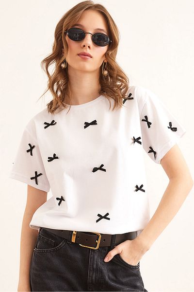 Olalook Tricou de damă din bumbac, cu detaliu cu fundă albă, cu croiala normală TSH- 19000844