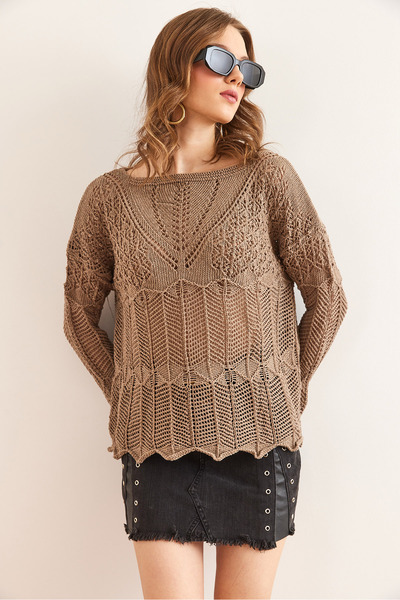 Olalook Women's Mink V Detailed Spanish Sleeve Openwork Blouse Blz- 19002241