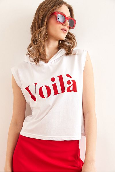 Olalook Weißes, unterarmteiliges, kapuzenloses Baumwoll-T-Shirt für Damen TSH- 19000843