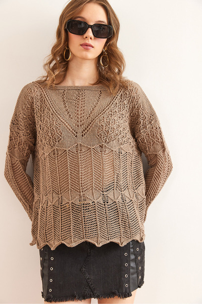 Olalook Women's Mink V Detailed Spanish Sleeve Openwork Blouse Blz- 19002241