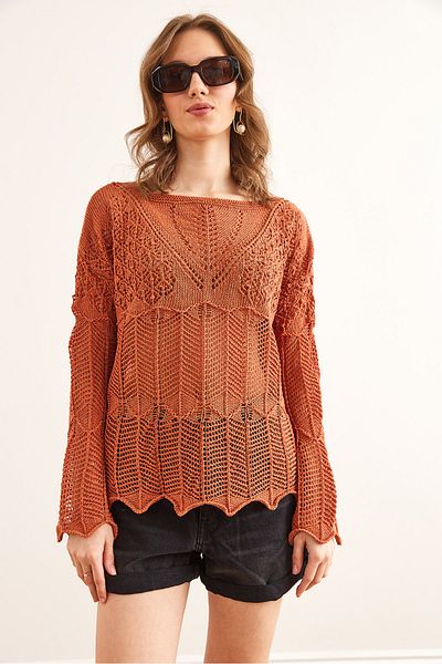 Olalook Women's Tile V Detailed Spanish Sleeve Openwork Blouse Blz- 19002241