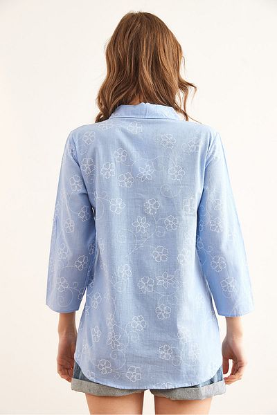 Olalook Damen Ivy Baby Blue Sleeve Fold Leinenhemd GML- 19000825