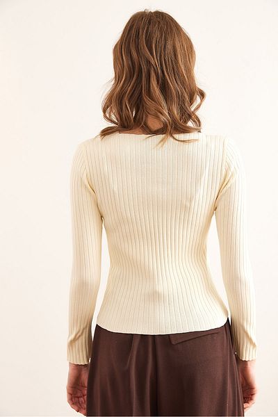 Olalook Women's Ecru Collar Lace Button Detailed Lycra Knitwear Blouse Blz- 19002868