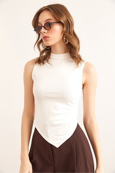 Olalook Women's Ecru Asymmetrical Blouse with Side Draping Detail Blz- 19002856