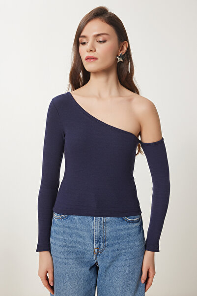 Happiness İstanbul Női sötétkék nyitott váll kordbársony kötött blúz TG00011
