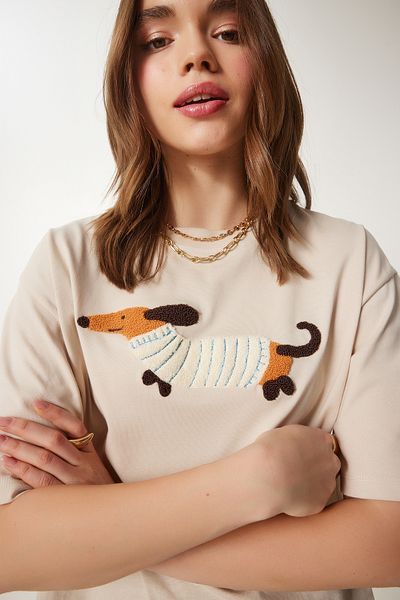 Happiness İstanbul Gülizmam Creme besticktes Baumwoll-Oversize-T-Shirt CR00457