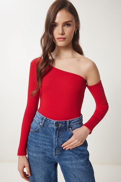 Happiness İstanbul Women's Red Green Open Shoulder Ribbed 2-Piece Knitted Blouse Tg00013