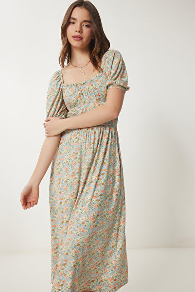 Happiness İstanbul Γυναικείο Aqua Green Floral Ρομαντικό Καλοκαιρινό Πλεκτό Φόρεμα UB00297