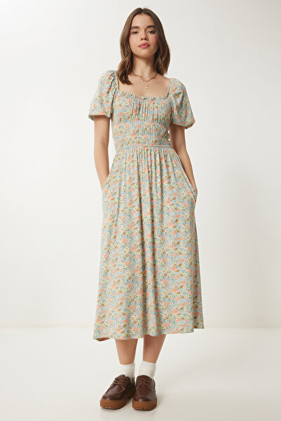 Happiness İstanbul Γυναικείο Aqua Green Floral Ρομαντικό Καλοκαιρινό Πλεκτό Φόρεμα UB00297