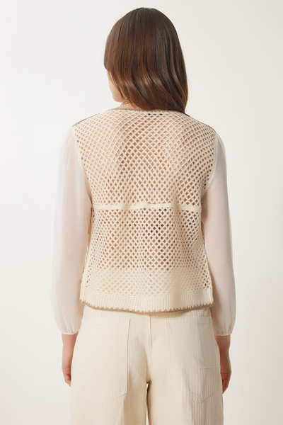 Happiness İstanbul Women's Cream Chiffon Sleeve Embroidered Seasonal Knitwear Blouse Tp00046