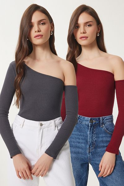 Happiness İstanbul Γυναικεία Ανθρακί Claret Red Open Shoulder Κορδόνι Πλεκτή Μπλούζα 2 τεμαχίων TG00013