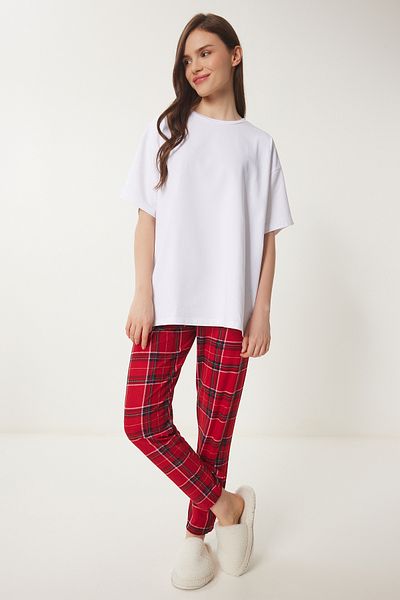 Happiness İstanbul Women's Oversize Tshirtli White Red Pajama Set Pys0031