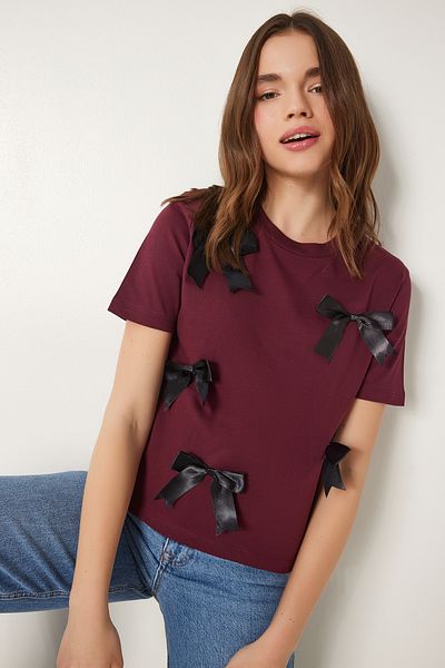 Happiness İstanbul Damen-T-Shirt aus Baumwolle mit Schleife in Burgunderrot CR00453