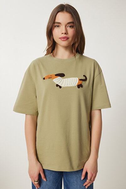 Happiness İstanbul Γυναικείο Τ-shirt μακρυμάνικο σε oversized σχέδιο με κέντημα ελιάς CR00457