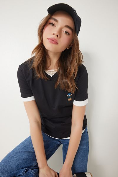 Happiness İstanbul Women's Black Teddy Bear Embroidered Cotton Knitted T-Shirt Cr00455