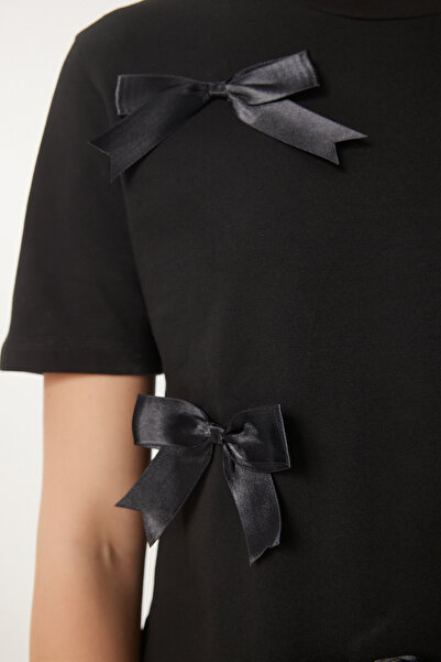 Happiness İstanbul Dámské černé bavlněné pletené tričko s mašlí CR00453