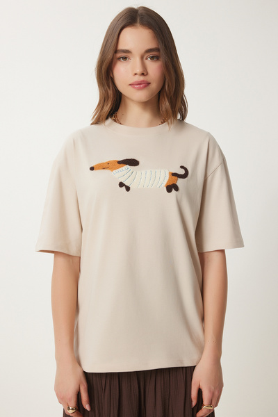 Happiness İstanbul Gülizmam Κρεμ Κεντημένο Βαμβακερό Μπλουζάκι Oversize CR00457