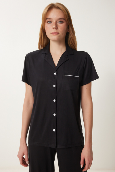 Happiness İstanbul Kadın Siyah Gömlek Alt Örme Pijama Takımı PQ00001