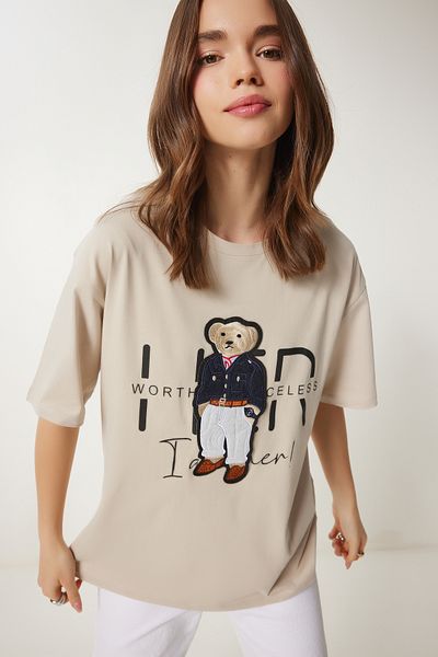 Happiness İstanbul Cremefarbenes Damen-T-Shirt mit Teddybär-Stickerei aus Baumwolle in Übergröße CR00452