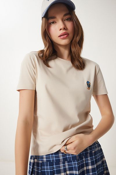 Happiness İstanbul Cremefarbenes Damen-T-Shirt aus Baumwolle mit Teddybär-Stickerei CR00455
