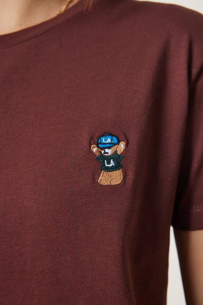 Happiness İstanbul Γυναικείο Μπλουζάκι Καφέ Αρκουδάκι Κεντημένο Βαμβακερό Πλεκτό CR00455