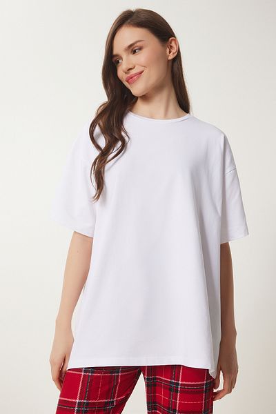 Happiness İstanbul Women's Oversize Tshirtli White Red Pajama Set Pys0031