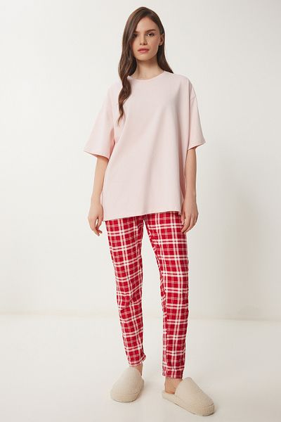 Happiness İstanbul Pink Red Oversize Tshirtli Women's Pajama Set Pys0031