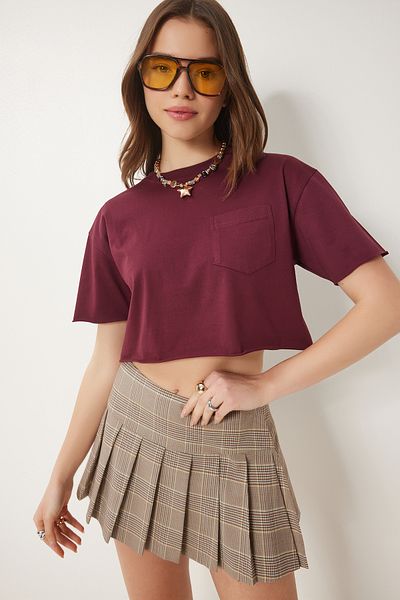 Happiness İstanbul Burgunderrotes Baumwoll-Crop-Strick-T-Shirt für Damen CR00443