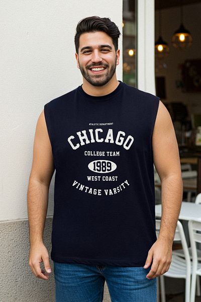 Trendyol Collection Navy Blue Plus Size Tank Top - Chicago Print, Sleeveless, Wide Fit Tmnss25Cv00001