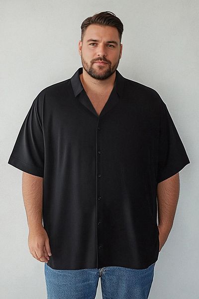 Trendyol Collection Black Regular Fit Apache Collar 100% Viscose Short Sleeve Summer Large Size Shirt Tmnss25Ax00001