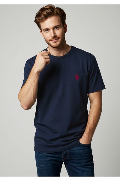Trendyol Collection Sötétkék hímzéses részlet 100% pamut póló - TMNSS24TS00056