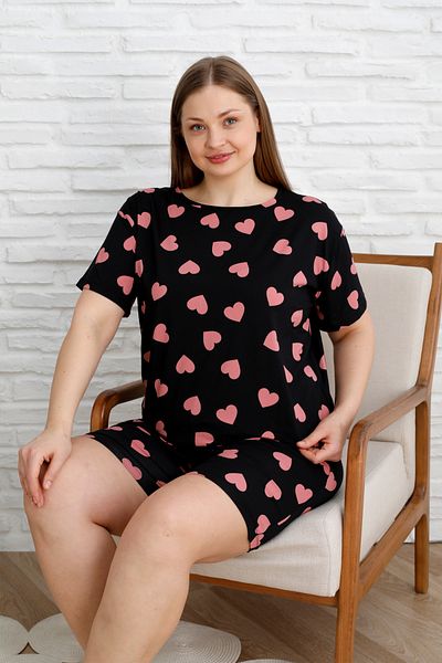 Trendyol Curve Schwarzes Milan-Strick-Pyjama-Set mit Herzmuster und weichem Knopf TBBSS25AI00060