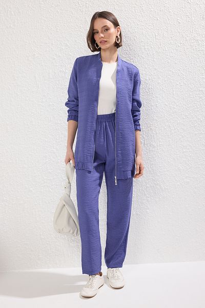 Trendyol Modest Marineblaues Leinen-Look-Webhose-Tunika-Unterteil-Oberteil-Set TCTSS24US00016
