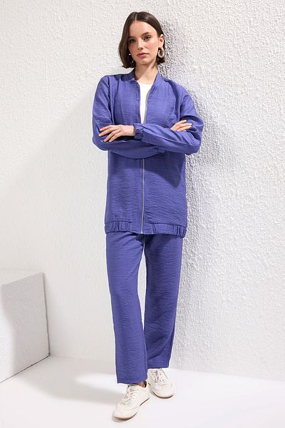 Trendyol Modest Marineblaues Leinen-Look-Webhose-Tunika-Unterteil-Oberteil-Set TCTSS24US00016